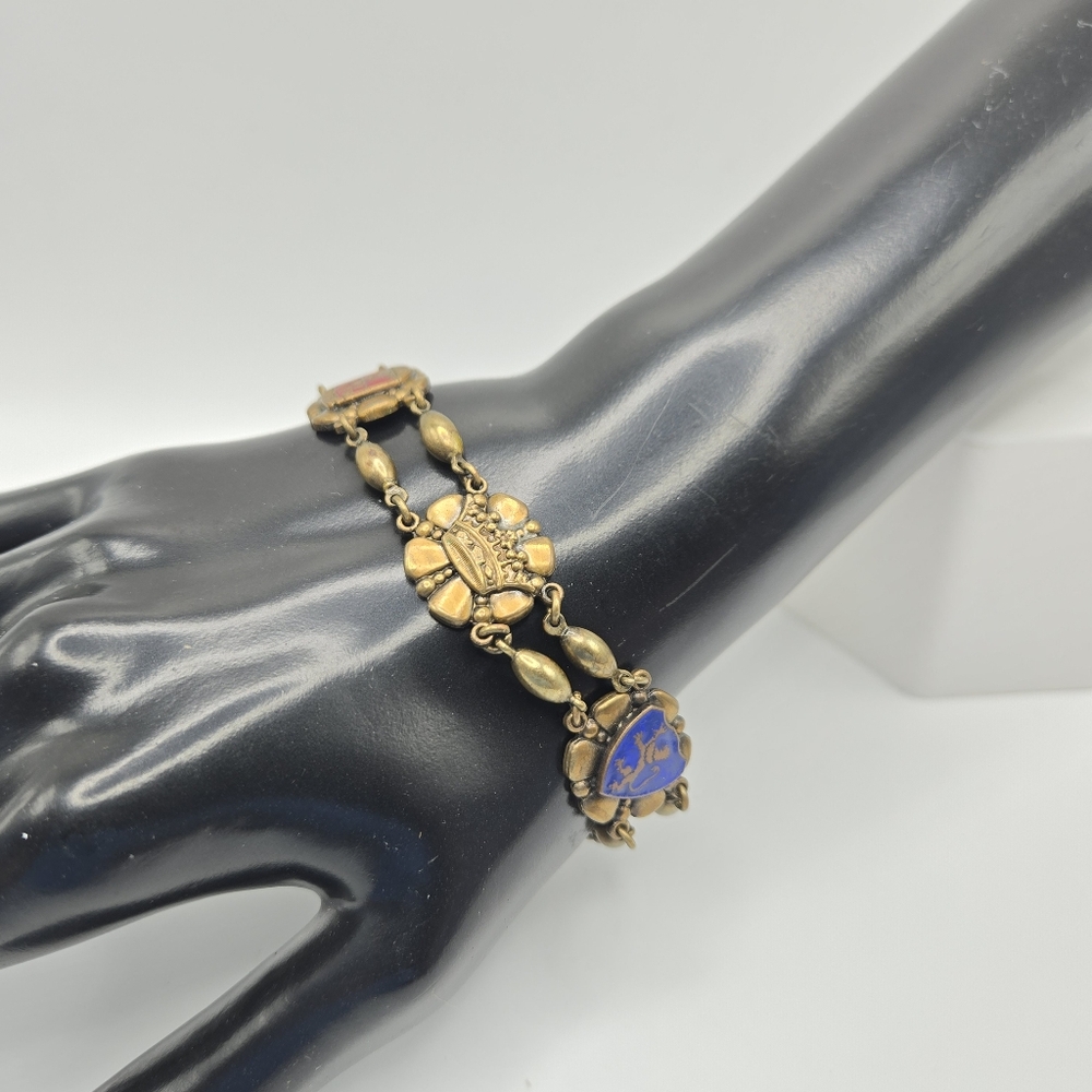 Heraldic Knight Brass Panel Bracelet Lion Crown Eagle Vintage Antique Medieval